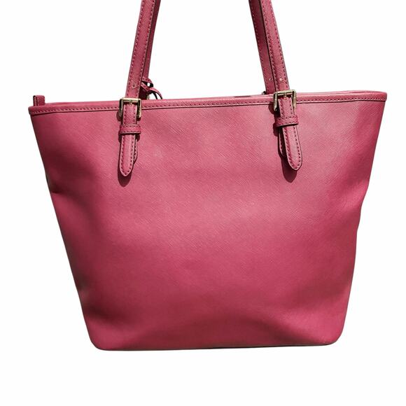 Michael Kors Jet Set Saffiano Leather Tote Burgundy Red MK Charm Shoulder Bag - Picture 3 of 12